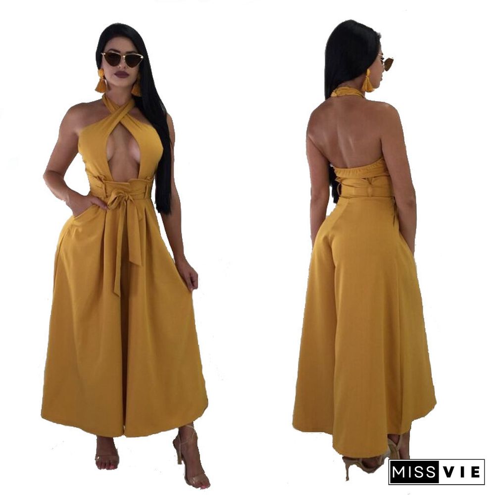 Fashionable Women's Halter Halter Solid Color Sexy Wide Leg Jumpsuit