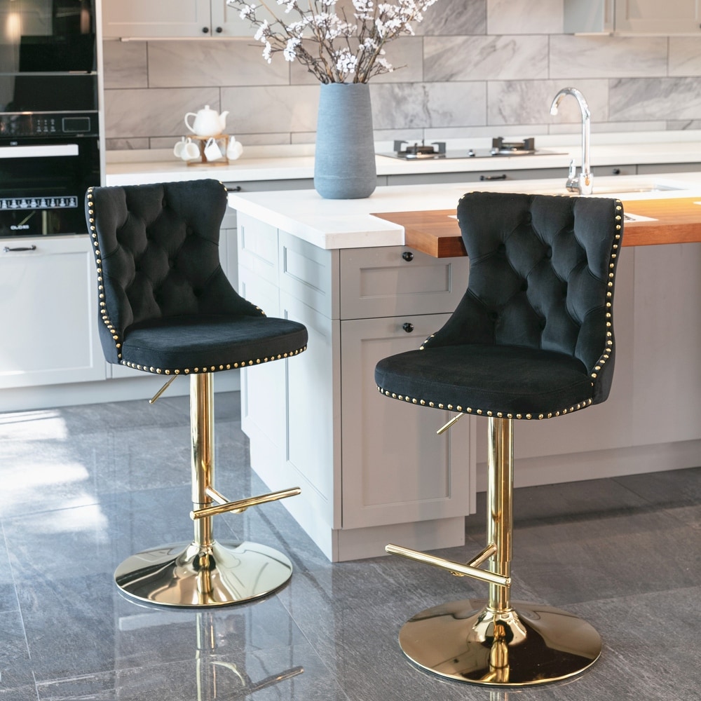 Set of 2 Swivel Velvet Tufted Adjusatble Seat Height Barstools