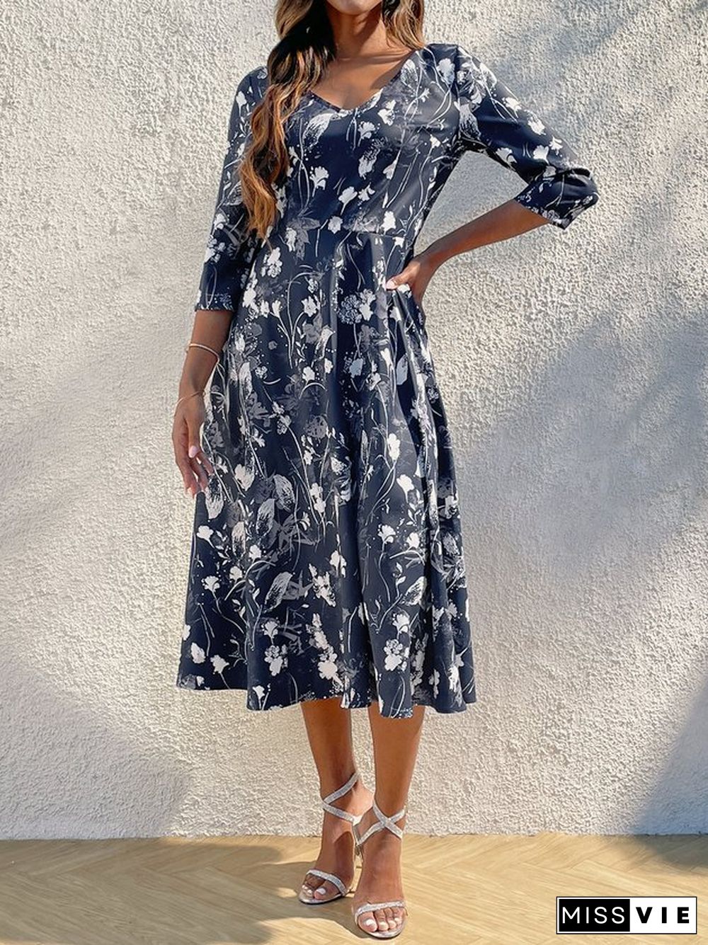 Elegant V Neck Floral Swing Dress