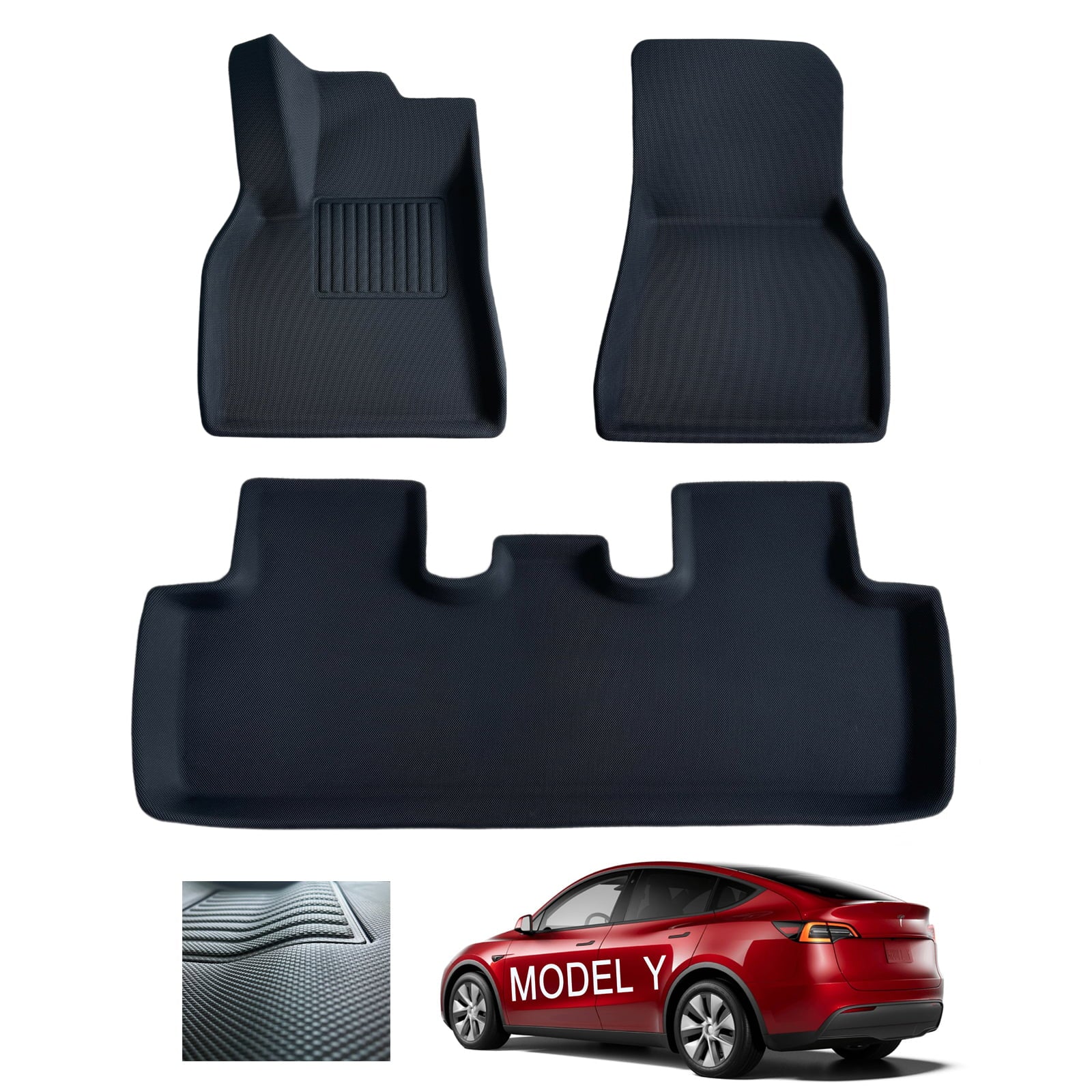 XPE Floor Mats for Tesla Model Y 2021- 2023 - made of Moulded XPE All Weather Floor Mats Tesla Model Y Accessories - Premium 3D Waterproof Car Mats - 3 Pcs per Set (1st and 2nd Row)