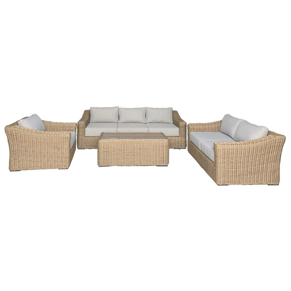 Tulum Deep Seating Set 4 Piece Outdoor Patio Furniture Rattan Wicker Includes Light Grey Olefin Cushion