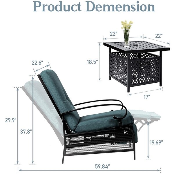 SUNCROWN Outdoor Patio Adjustable Cushioned Recliner Lounge Chair Set with Coffee Square Side Table