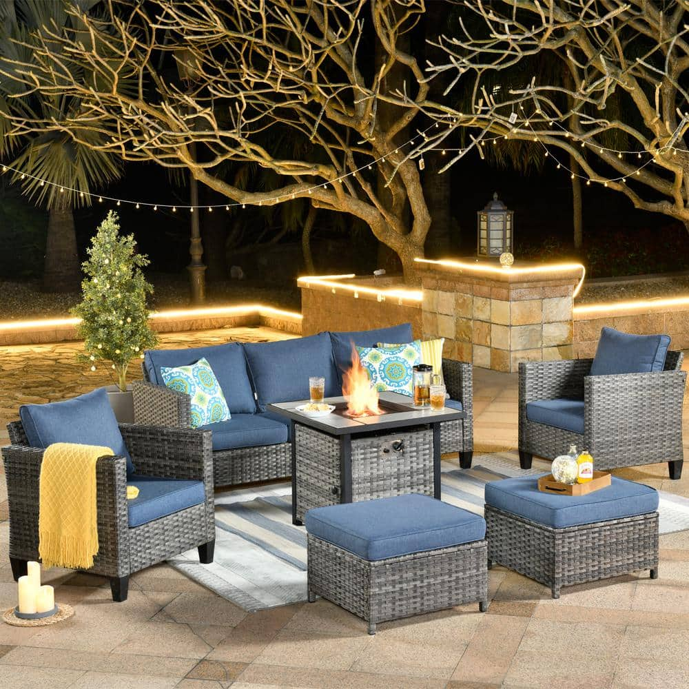 XIZZI Megon Holly 6-Piece Wicker Outdoor Patio Fire Pit Seating Sofa Set with Denim Blue Cushions FPGRS306DB