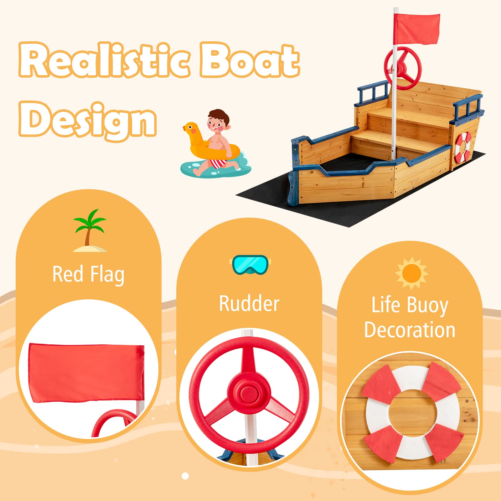 Costzon Pirate Boat Wood Sandbox for Kids, Wooden Pirate Sandpit w/Bench Seat