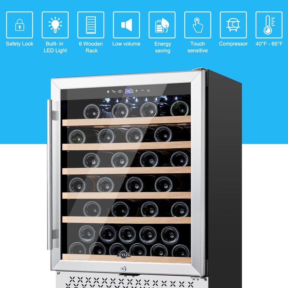 Tylza Single Zone 51-Bottles Built-in and Freestanding Wine Cooler with Childproof Lock in Stainless Steel TYWC150S