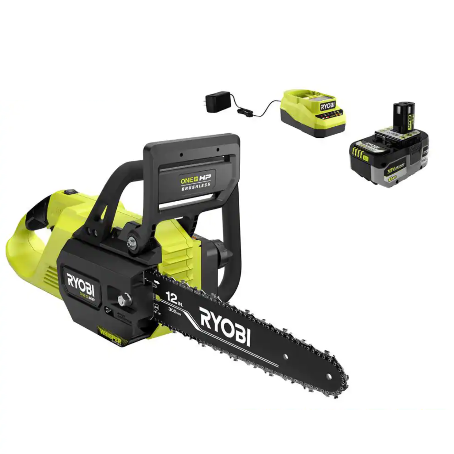 RYOBI P2570 ONE+ HP 18V Brushless Whisper Series 12 in. Cordless Battery Chainsaw with 6.0 Ah Battery and Charger