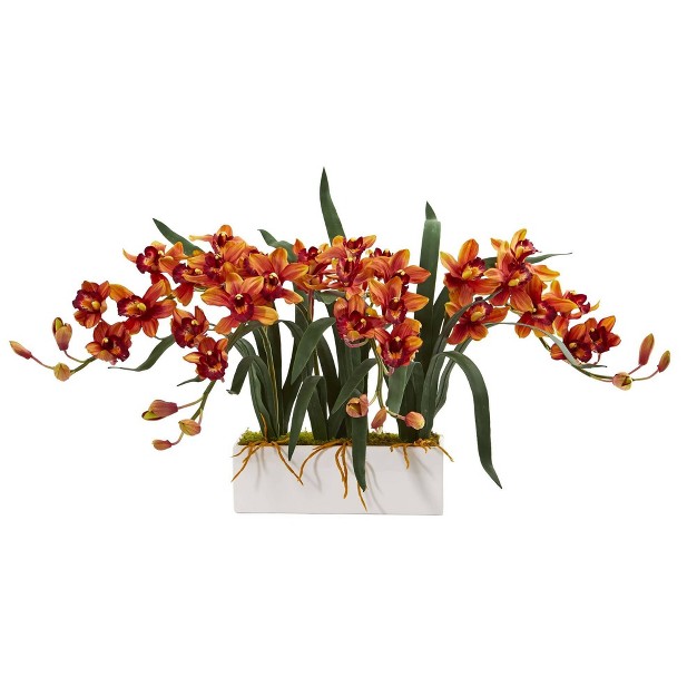 Nearly Natural 15-in Cymbidium Artificial Arrangement In White Vase