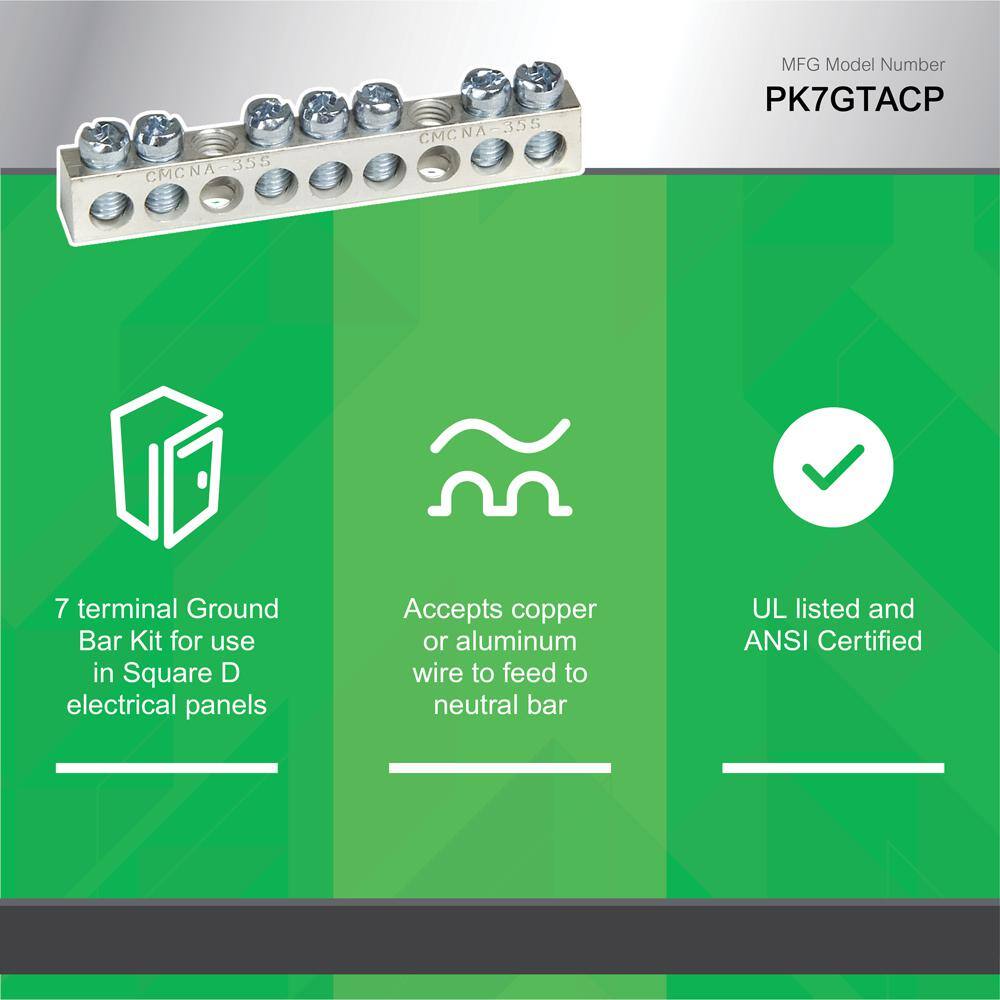 Square D 7 Terminal Ground Bar Kit for QOHomeline Electrical PanelLoad Center(PK7GTACP) PK7GTACP