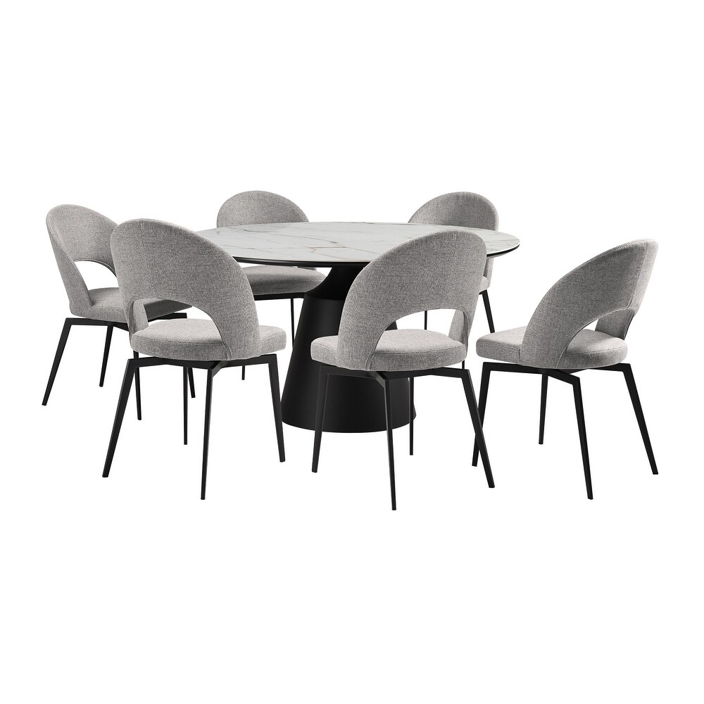 Knox Lucia 7 Piece Dining Set with Stone Top and Gray Fabric Chairs