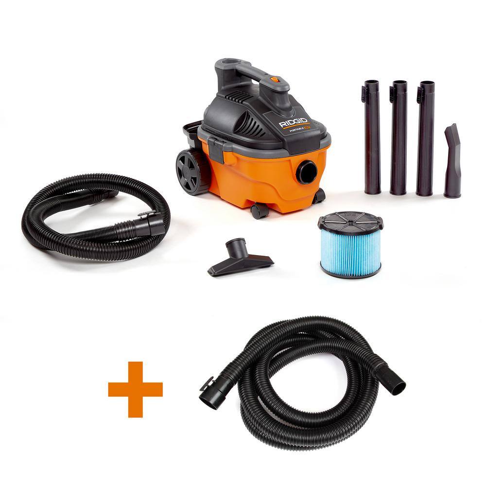 RIDGID 4 Gallon 5.0 Peak HP WetDry Shop Vacuum with Fine Dust Filter Hose Accessories and Additional 14 ft. Tug-A-Long Hose WD4070B