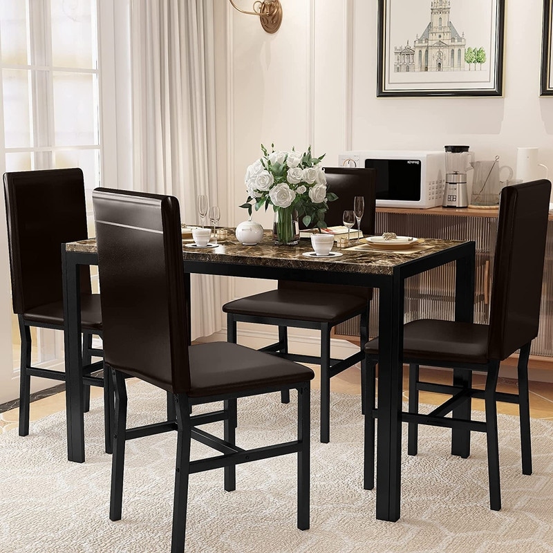 Modern Faux Marble 5 Pieces Kitchen Dining Set with 4 Cushion PU Leather Chairs