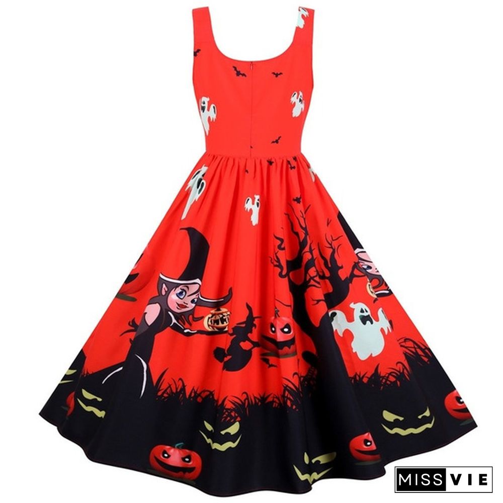 Women Halloween Party Dress Sleeveless Skull Pumpkin Printed Swing Dress