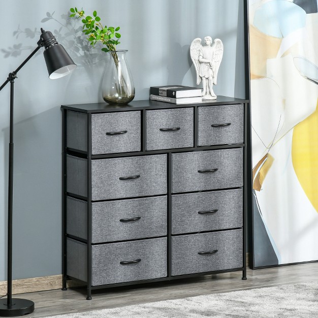 Homcom 9 Drawers Storage Chest Dresser Organizer Unit W Steel Frame Wood Top Easy Pull Fabric Bins For Bedroom Hallway Closet Entryway