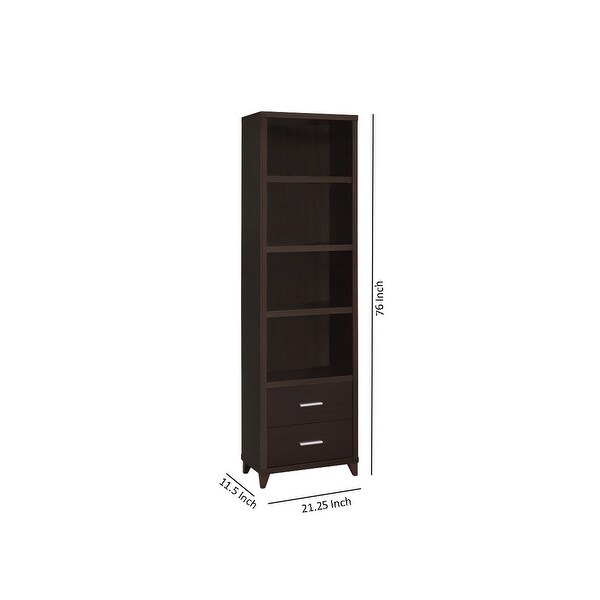 3 Shelf Wooden Media Tower with 2 Drawers， Dark Brown