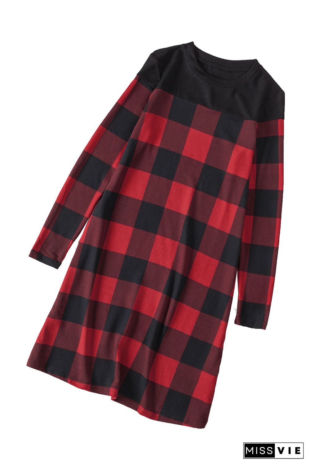 Buffalo Plaid Splicing Long Sleeve Mini Dress