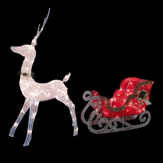 Lighted White Reindeer With Sleigh Christmas Decoration