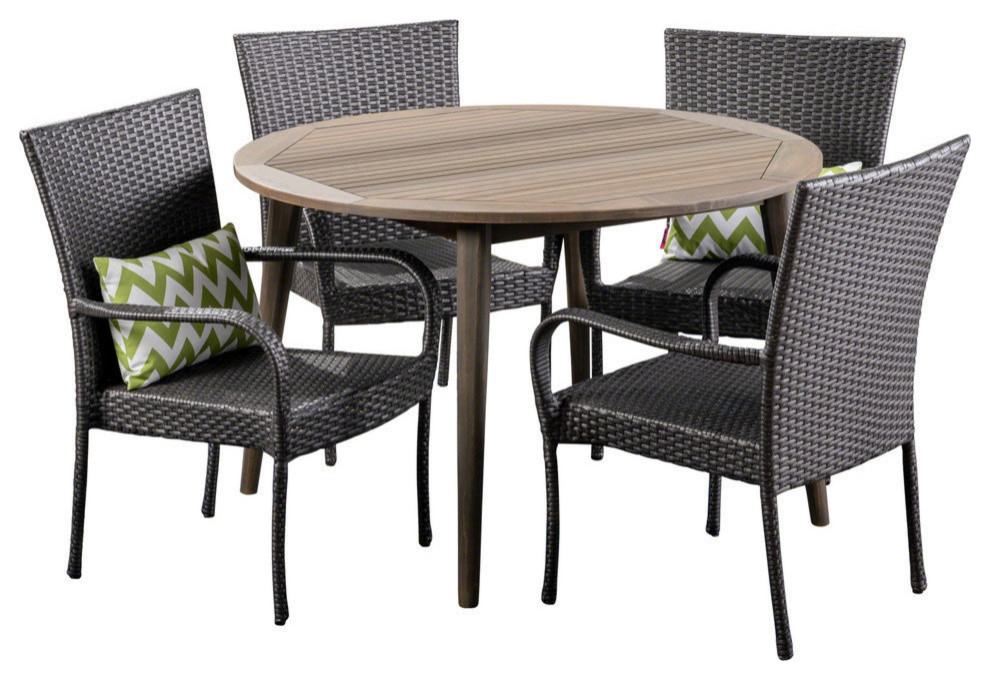 GDF Studio 5 Piece Ivey Outdoor Wood and Wicker Dining Set  Gray Finish/Gray   Tropical   Outdoor Dining Sets   by GDFStudio  Houzz