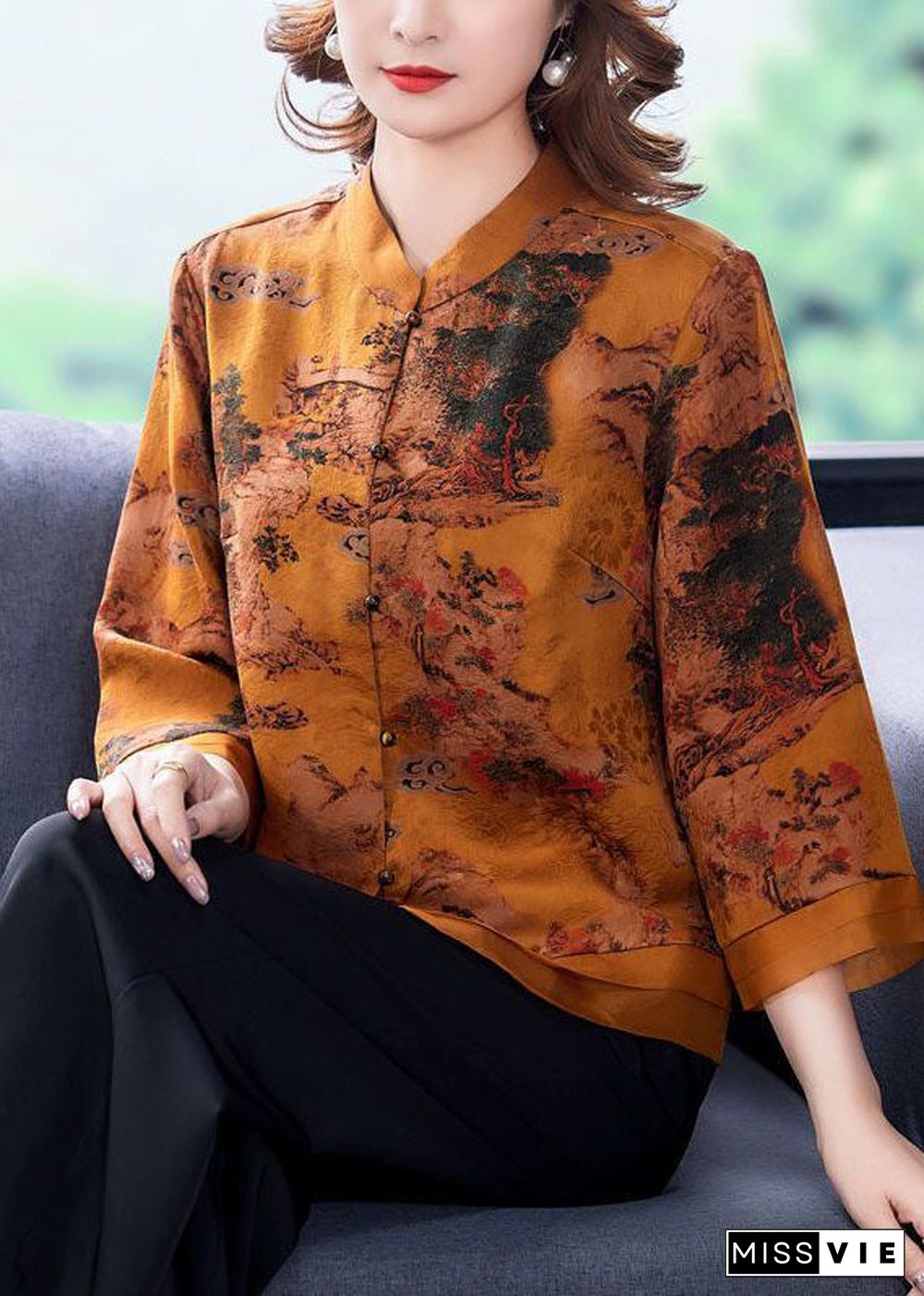 Beautiful Yellow Stand Collar Print Silk Blouse Tops Bracelet Sleeve