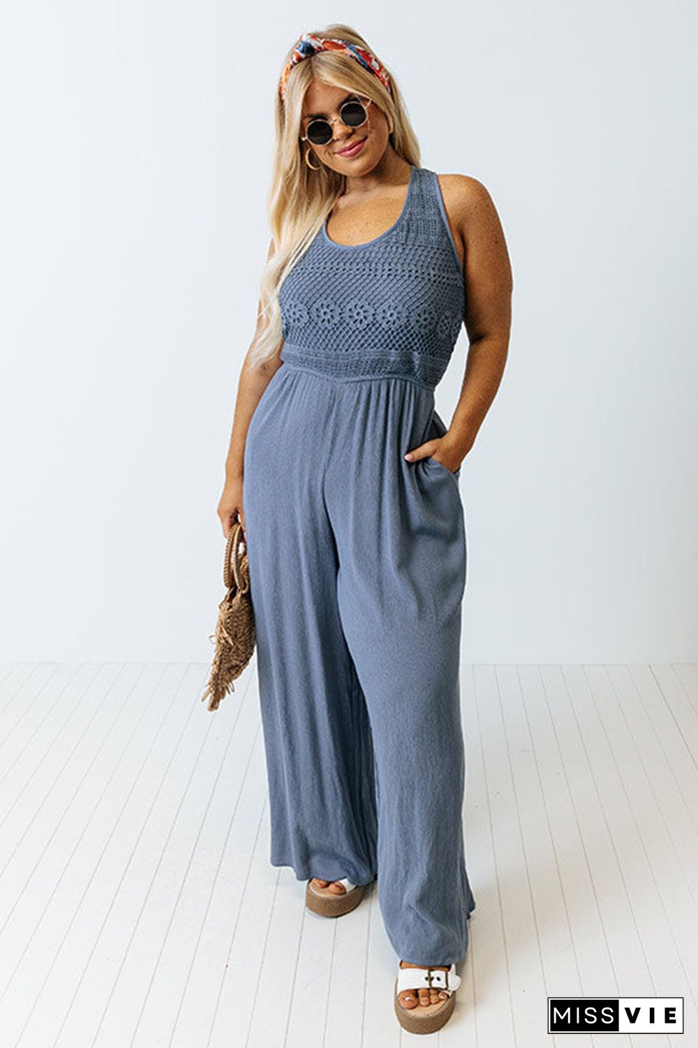 Blue Tie Back Crochet Tank Casual Plus Size Jumpsuit