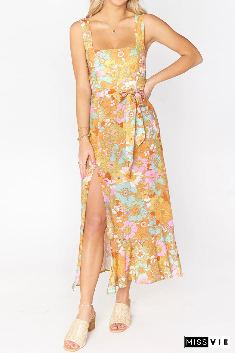 Tie Strap Floral Printed Side Split Cami Dress