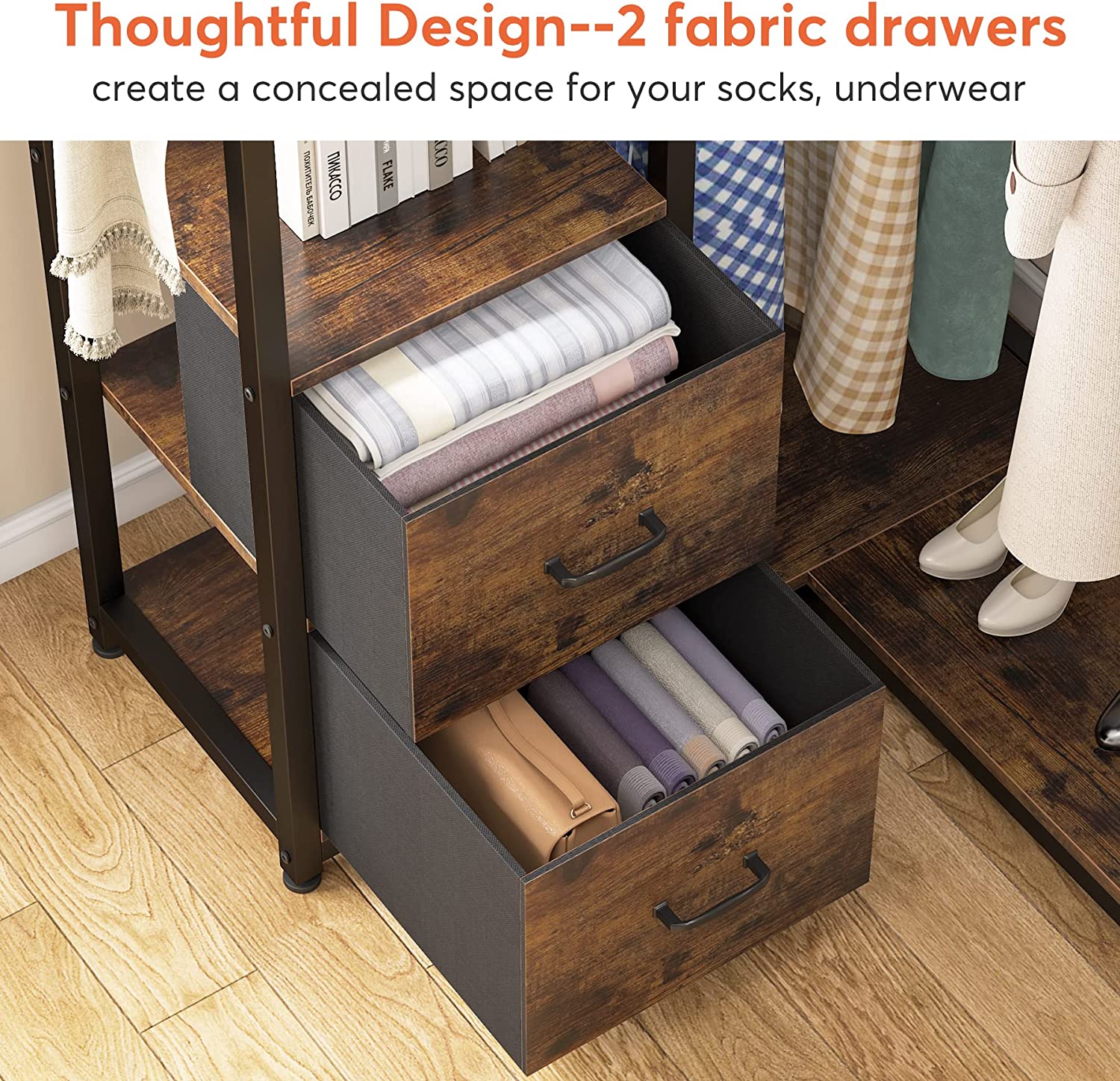 L Shaped Garment Rack with Shelves and 2 Fabric Drawers