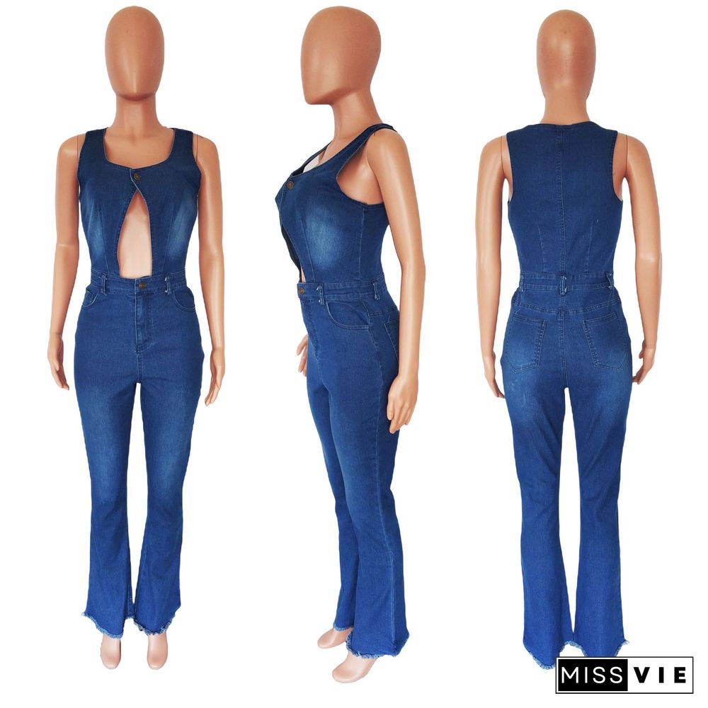 Cut Out High Waist Sleeveless Denim Jumpsuit