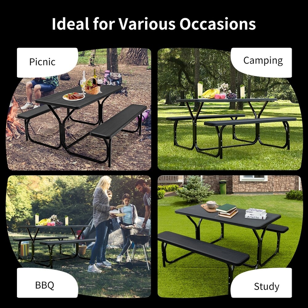 Outdoor Picnic Table Bench Set with Metal Base