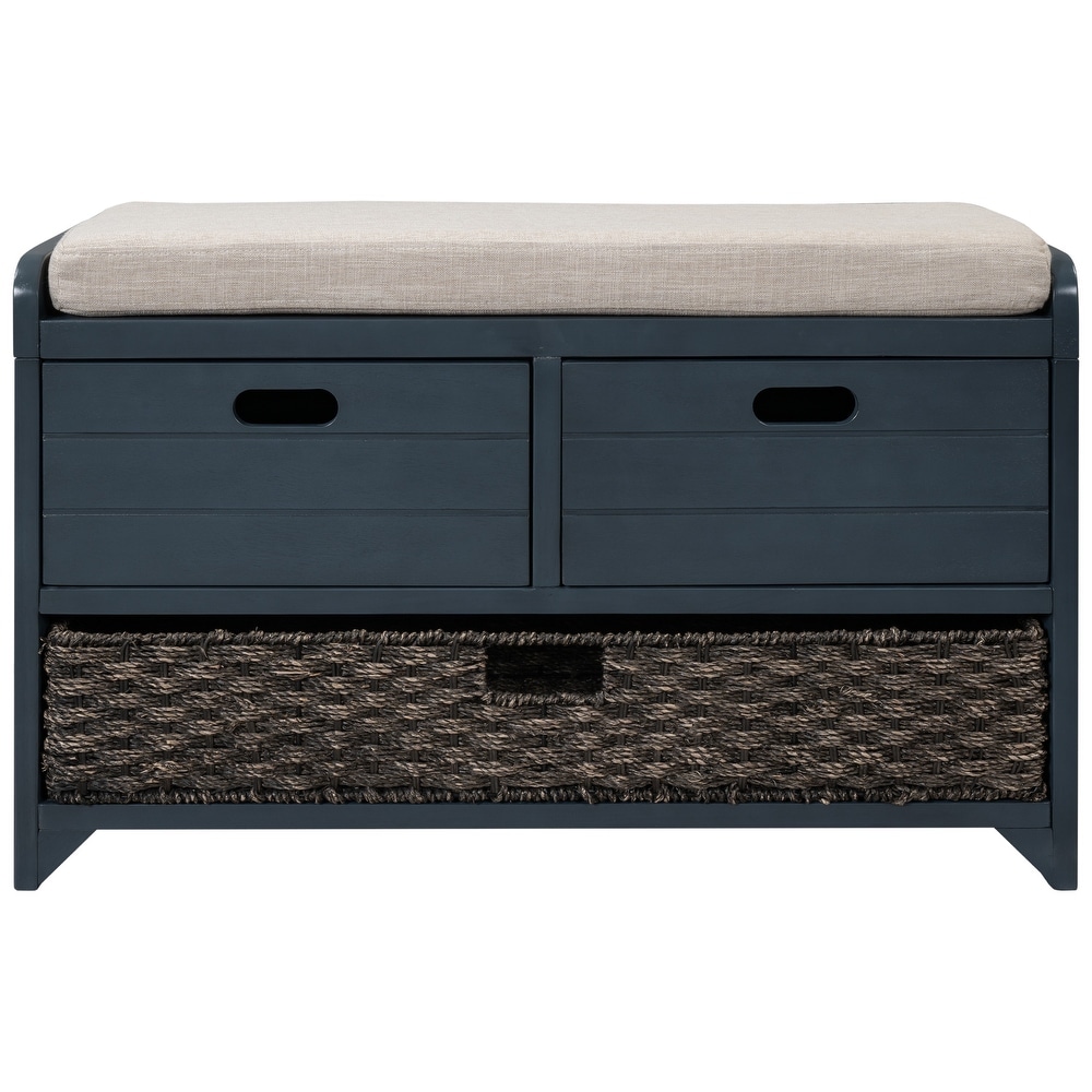 Entryway Storage Shoe Bench with Removable Basket Removable Cushion and 2 Drawers