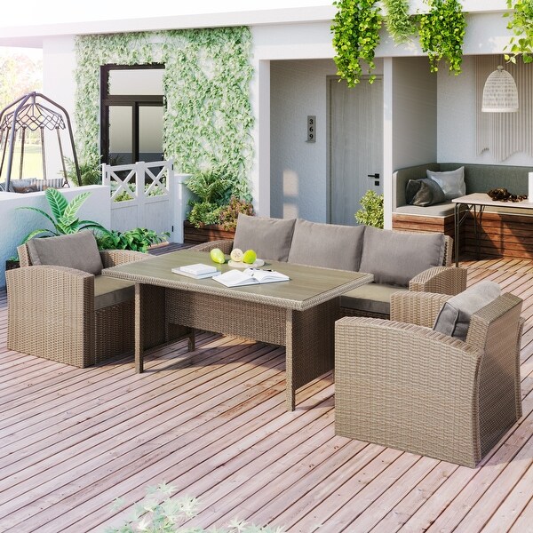 4-Piece Outdoor Wicker Sofa Set with 3-Seat Sofa， 2 Chairs and Dining Table - Overstock - 35972636