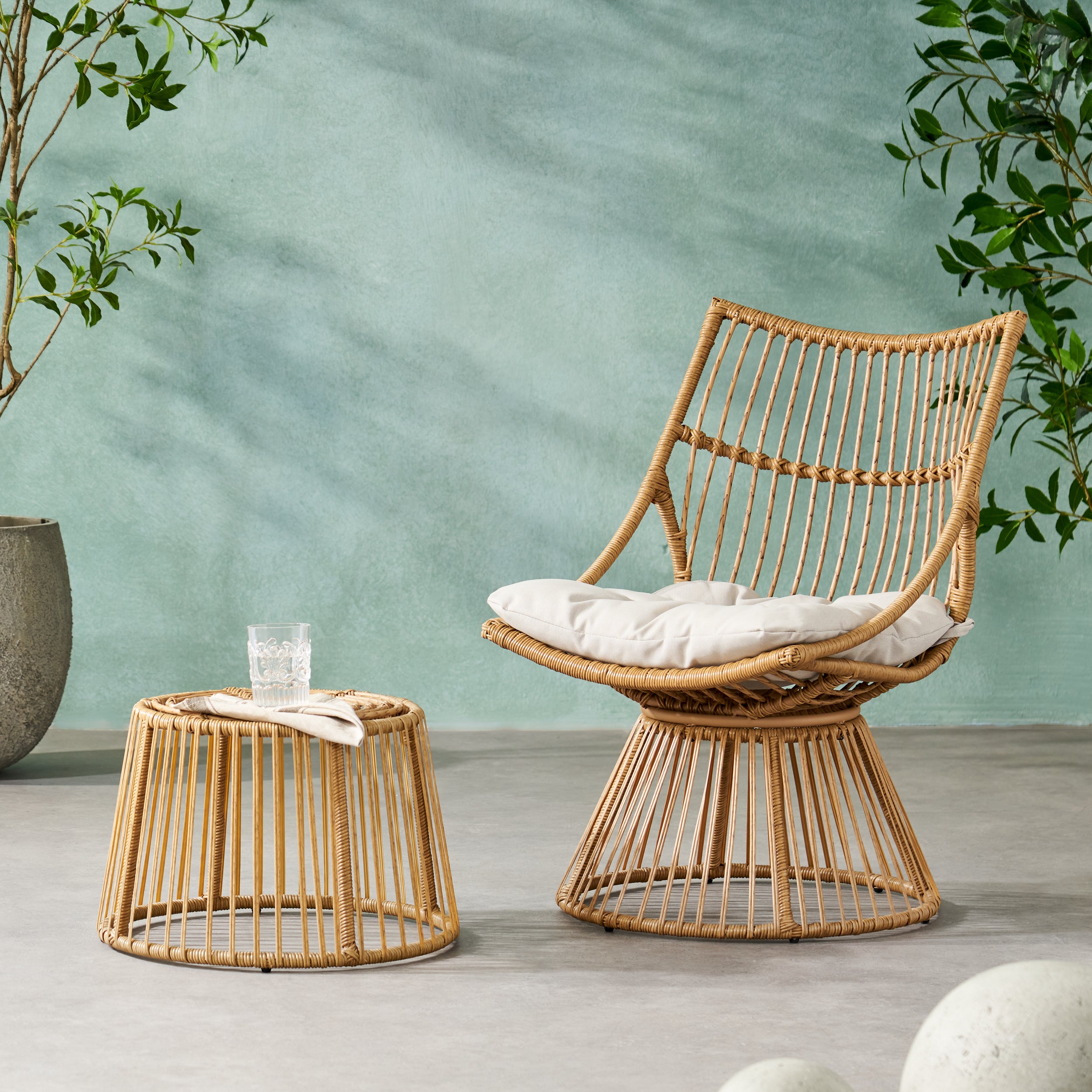 Apulia Outdoor Wicker Chair and Side Table Set with Cushion, Light Brown and Beige