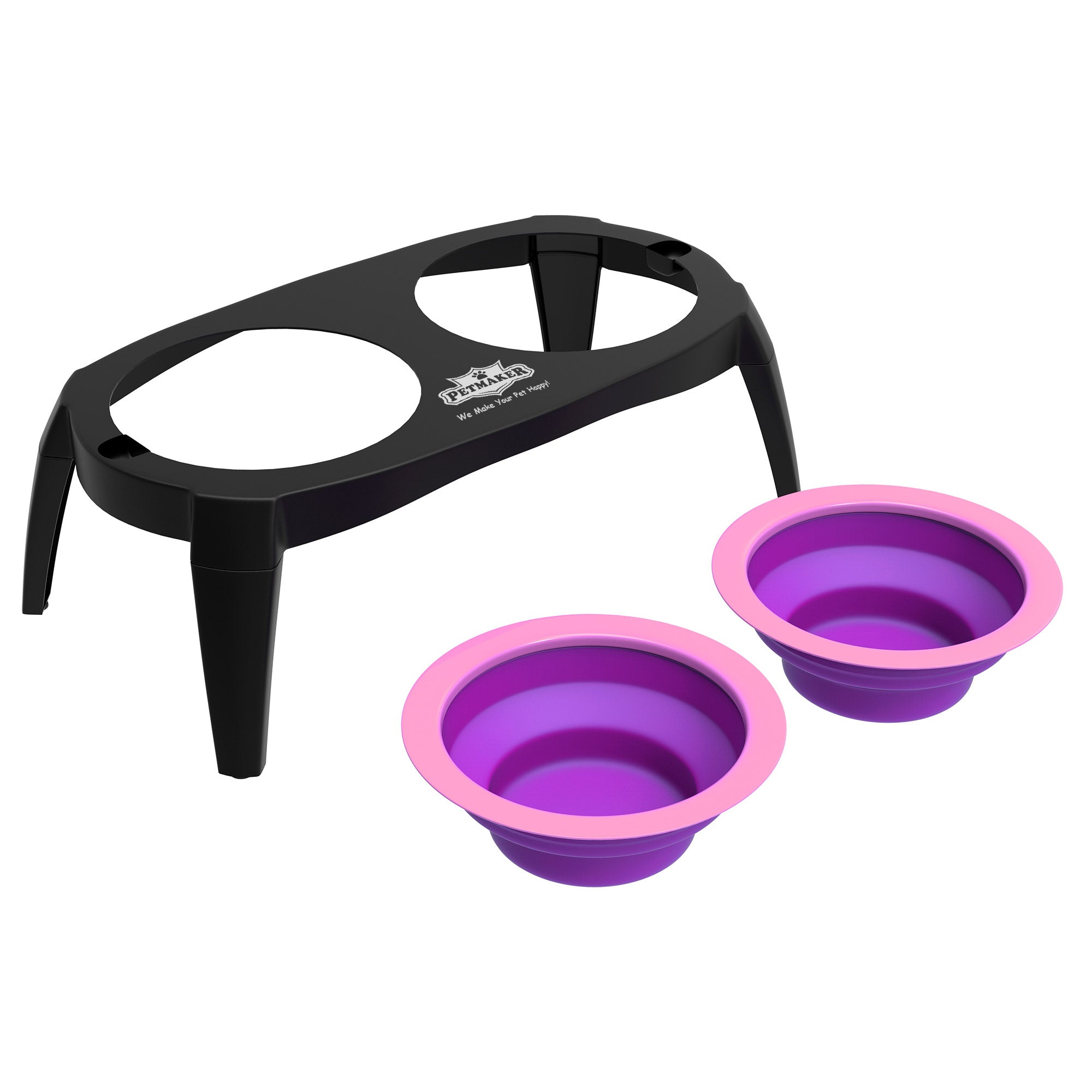 Elevated Pet Bowls with Non Slip Stand for Dogs and Cats-Removeable and Collapsible Silicone Feeder for Food and Water- 16 Oz Each By PETMAKER (Pink)