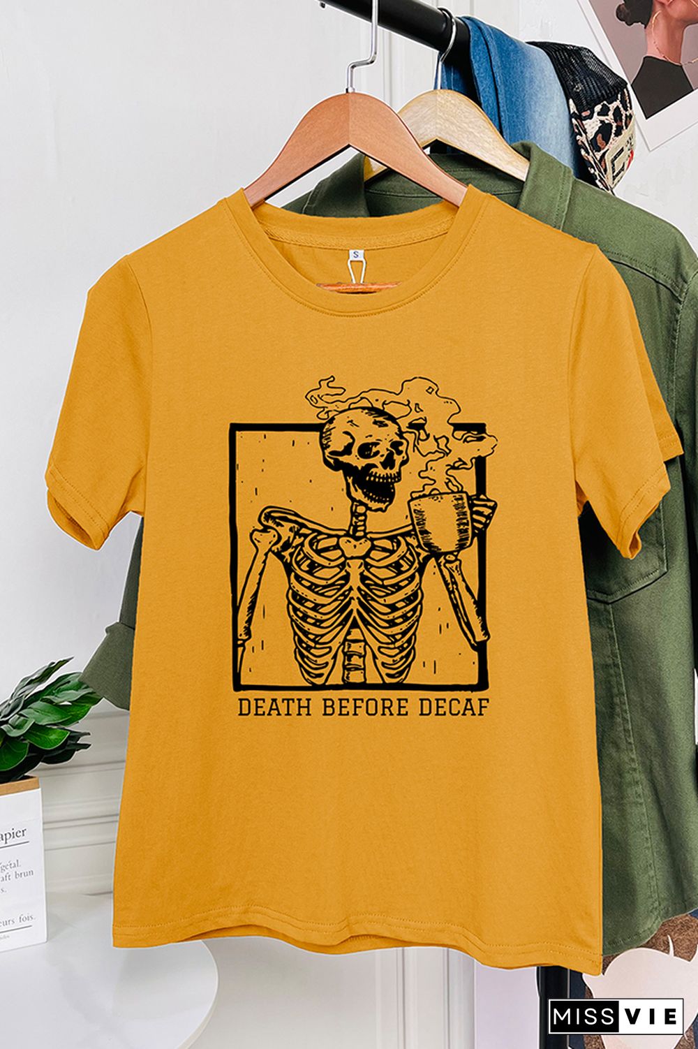 Skeleton Death Before Decaf Skeleton Drink Coffee Graphic T-Shirt Wholesale