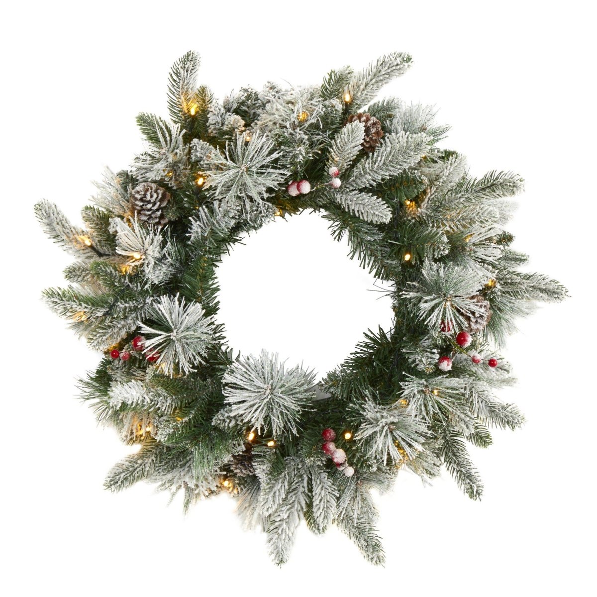 20'' Flocked Mixed Pine Christmas Wreath with LED Lights, Pine Cones & Berries