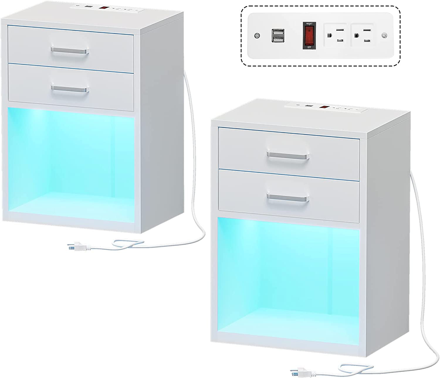 ADORNEVE LED Nightstands Set of 2,Nightstand with Charging Station and LED Lights,White Bedside Table with Power Outlets & Drawers