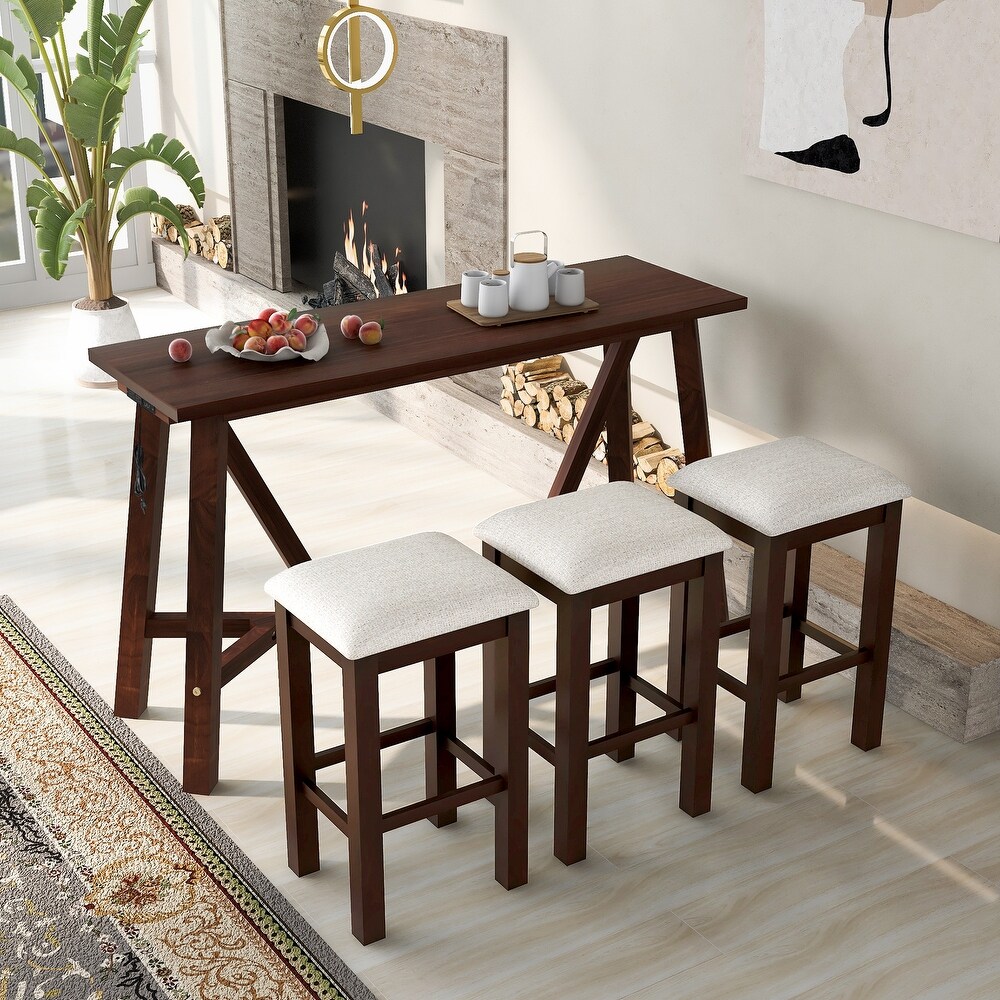 4 Piece Dining Table Set w/USB Ports   3 Upholstered Bar Stools Walnut