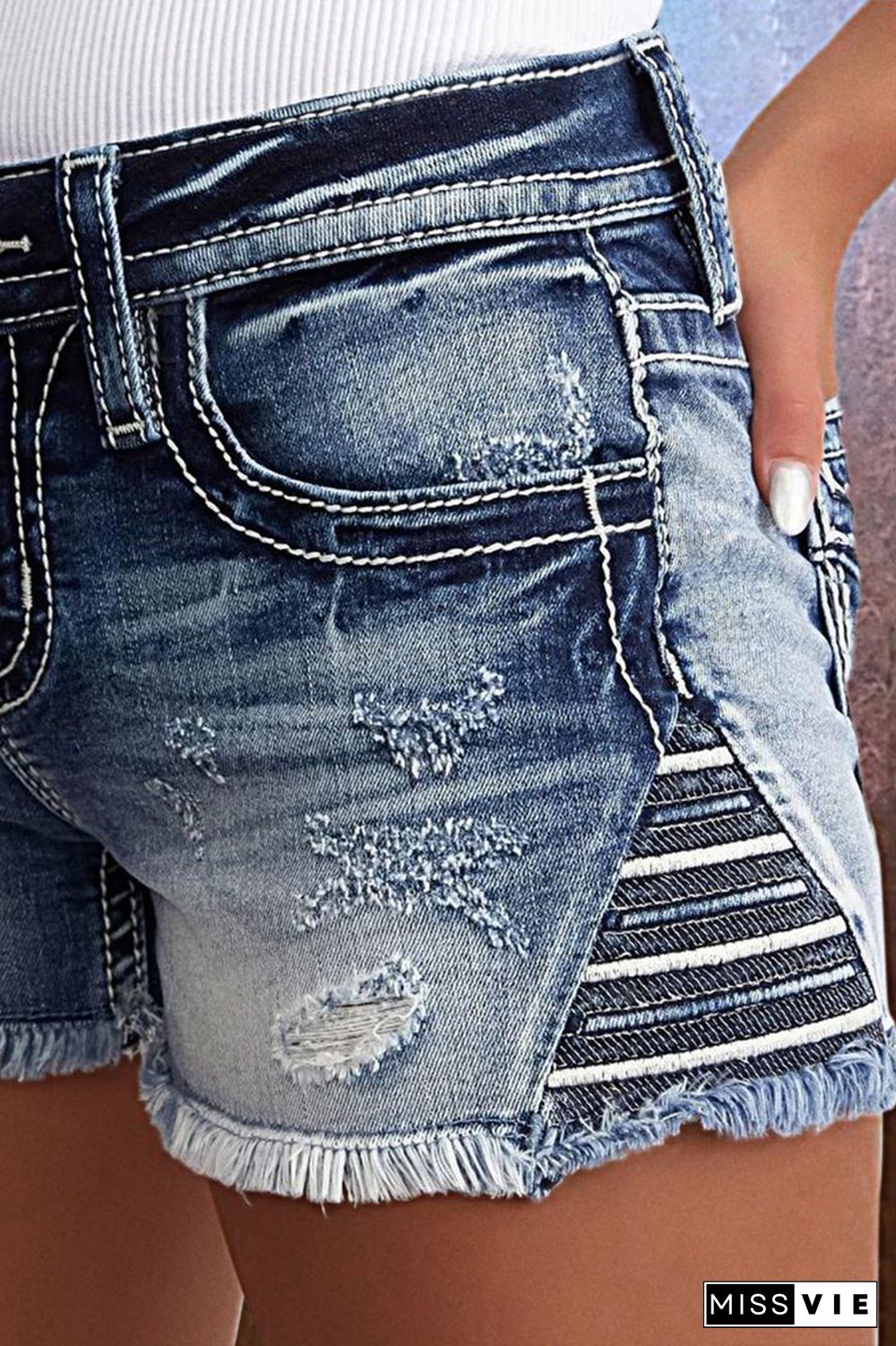 Star & Striped Embroidered Ripped Raw Hem Denim Shorts