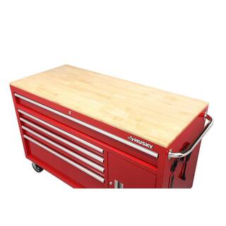 Husky 56 in. W x 25 in. D Standard Duty 5-Drawer 1-Door Mobile Workbench Tool Chest with Solid Wood Top in Gloss Red H56MWC5GRXD