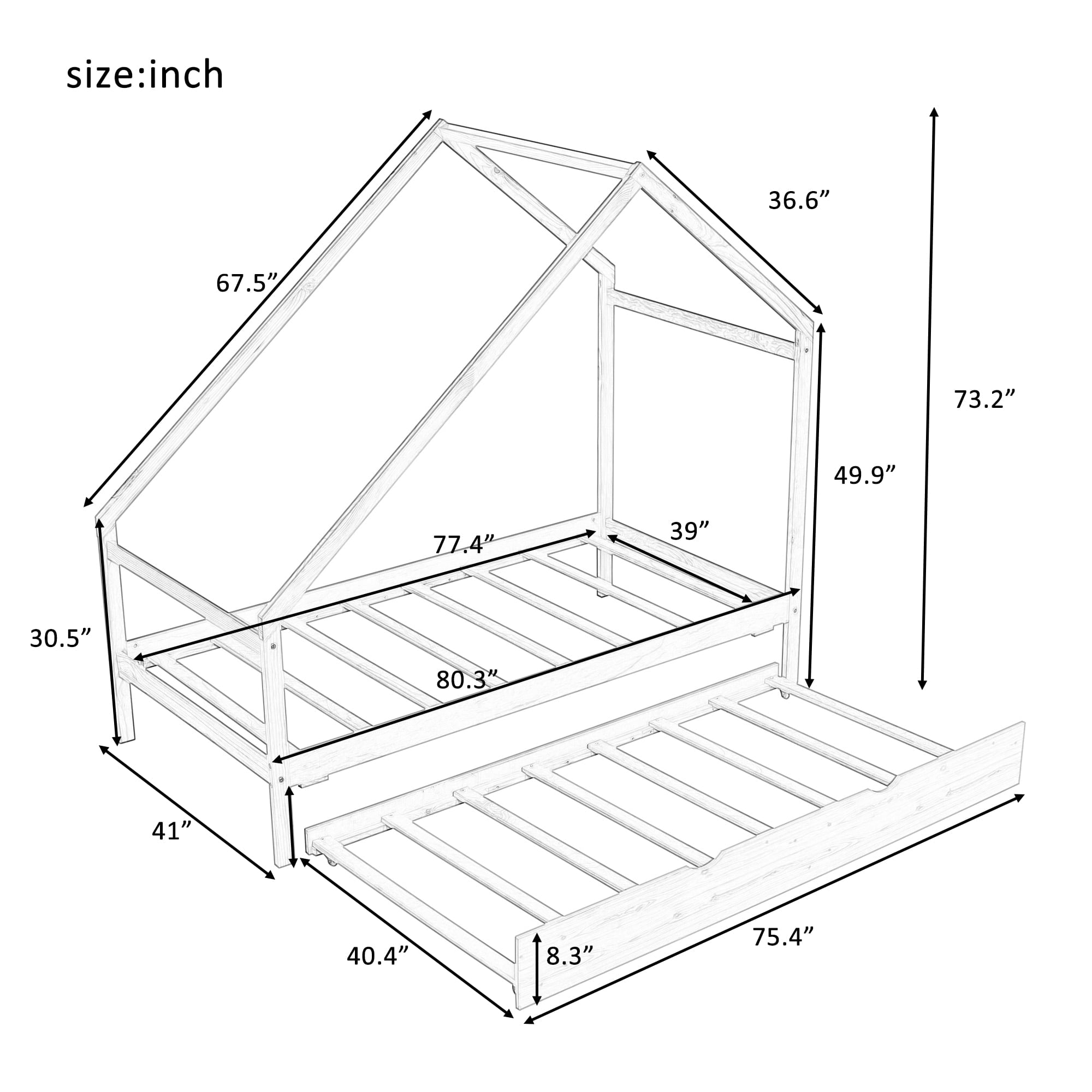 Twin House Bed with Twin Trundle, Wood Floor House Bed Frame for Kids, Boys and Girls, No Box Spring Required, White