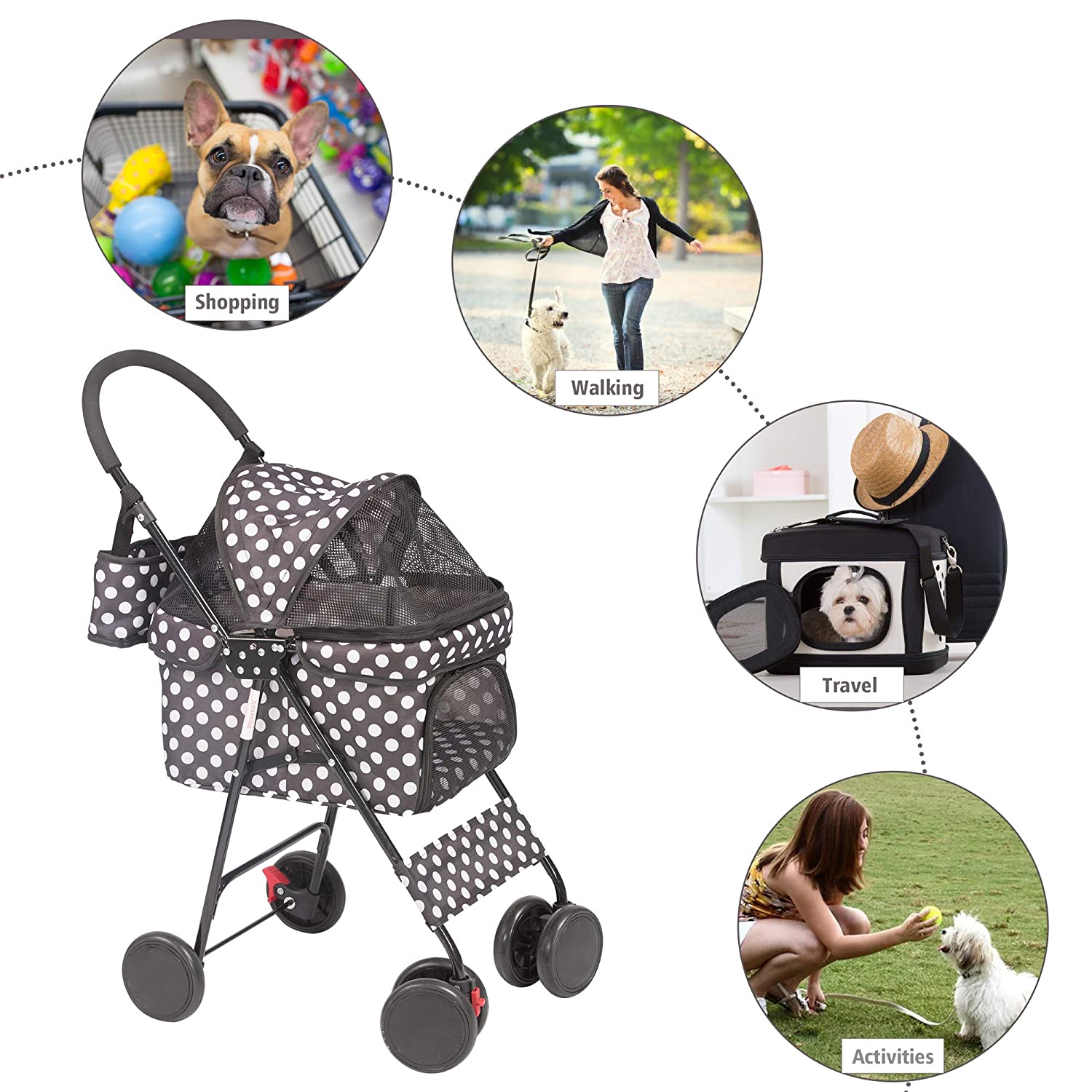 Folding Dog Stroller Travel Cage Stroller for Pet Cat Kitten Puppy Carriages - Large 4 Wheels Elite Jogger - Single or Multiple Pets (Black - 1 cage)