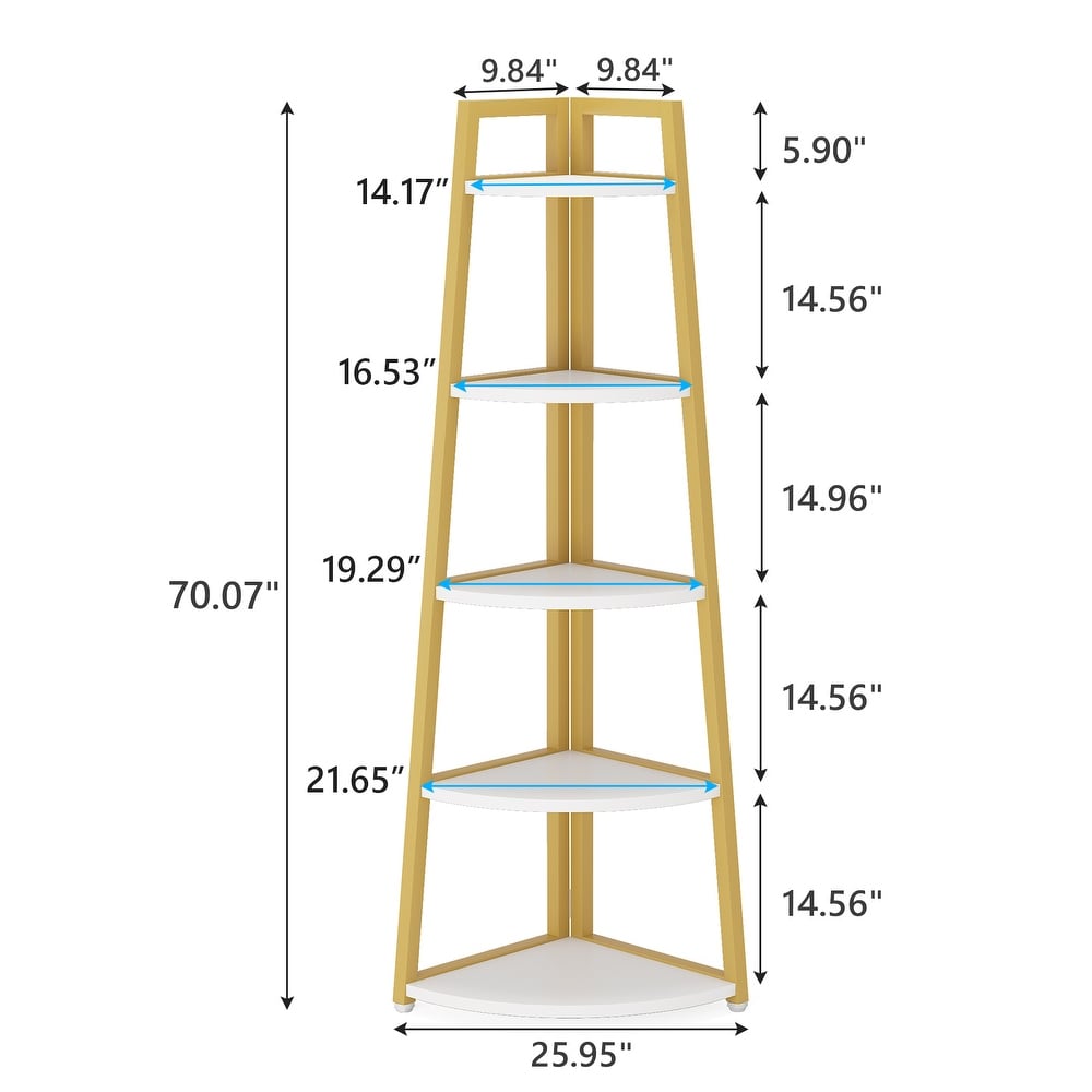 Brown/ Black Corner Ladder Shelf 5 Tier Corner Bookshelf Bookcase  White/ Gold 70 Inch Tall Display Rack for Small Space