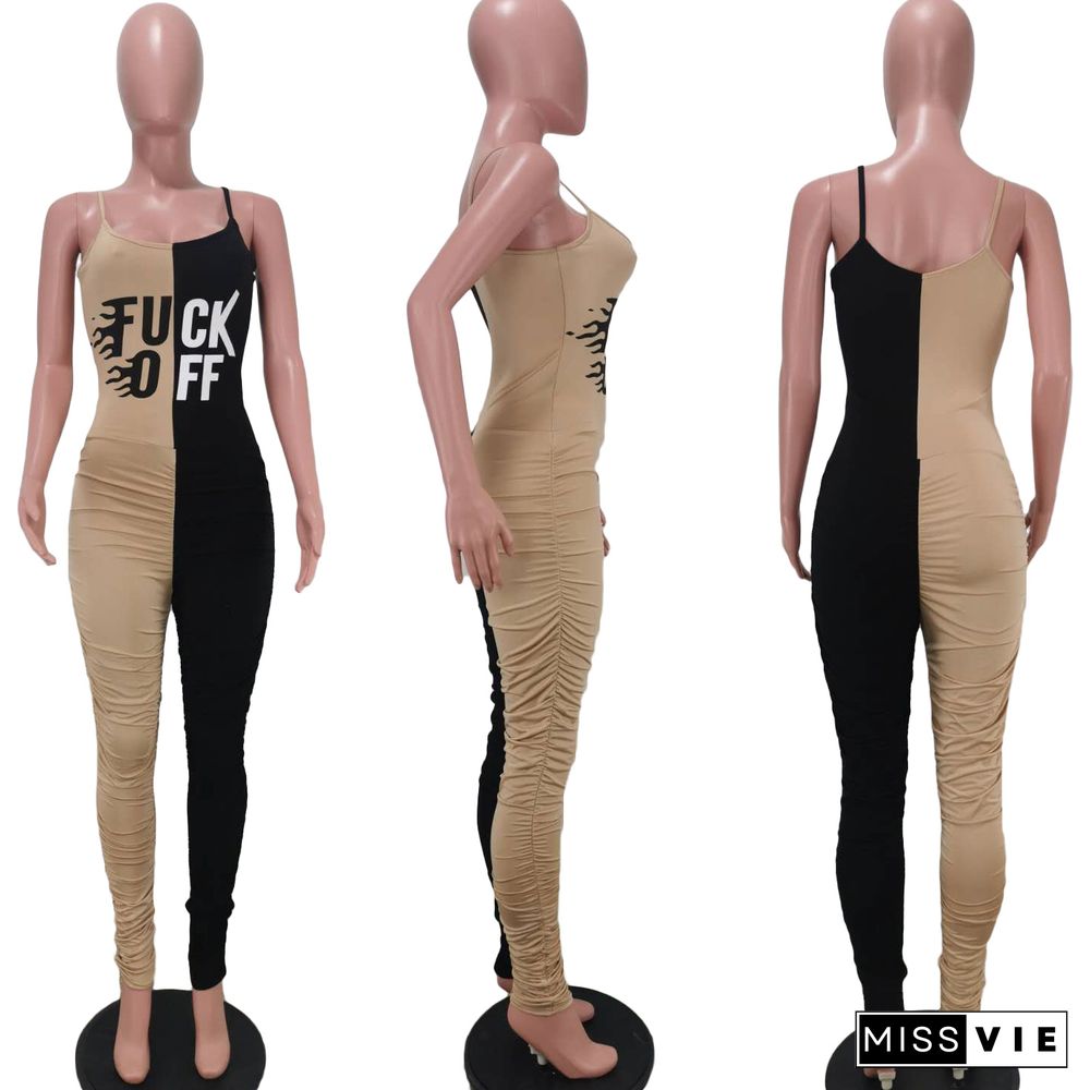 Color Block Letter Print Sleeveless Bodycon Halter Jumpsuits