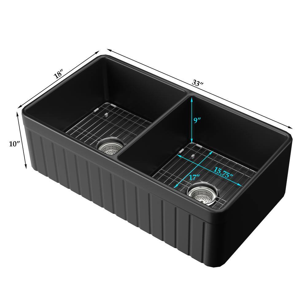 Black Fireclay 33 in. Double Bowl Farmhouse Apron Kitchen Sink with Bottom Grid and Basket Strainer HKD-331810T2-B