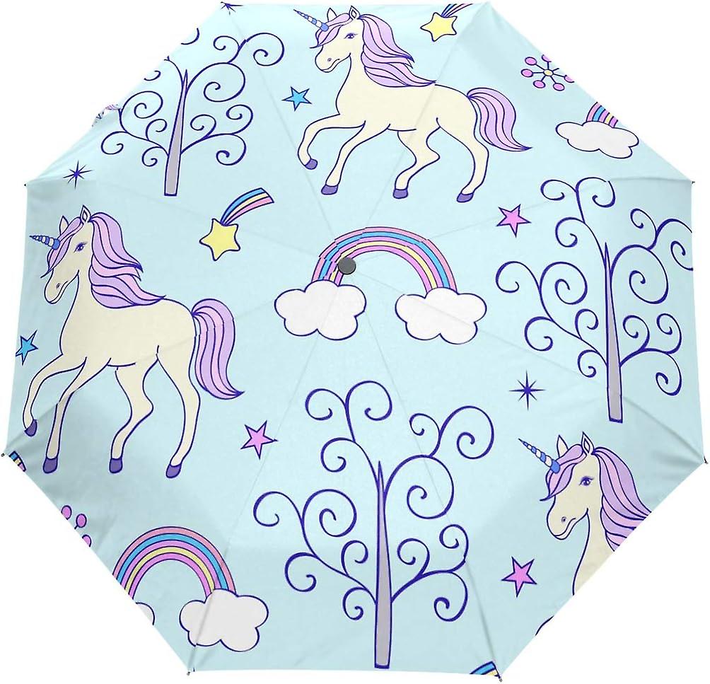 Travel Umbrella Automatic Windproof Foldable Umbrella Unicorn Theme On Light Blue