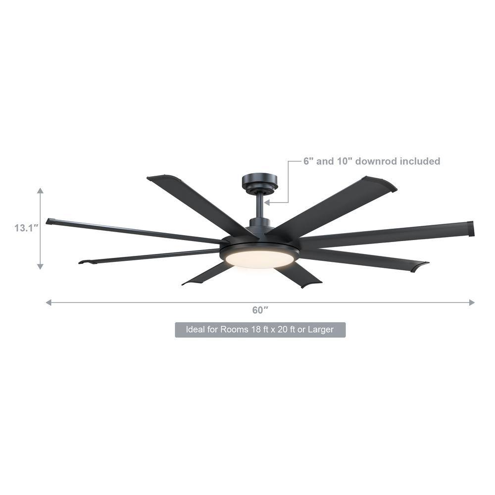 Parrot Uncle Kaitylyn 60 in. Matte Black Downrod Mount LED Ceiling Fan with Light and Remote Control F6105110V