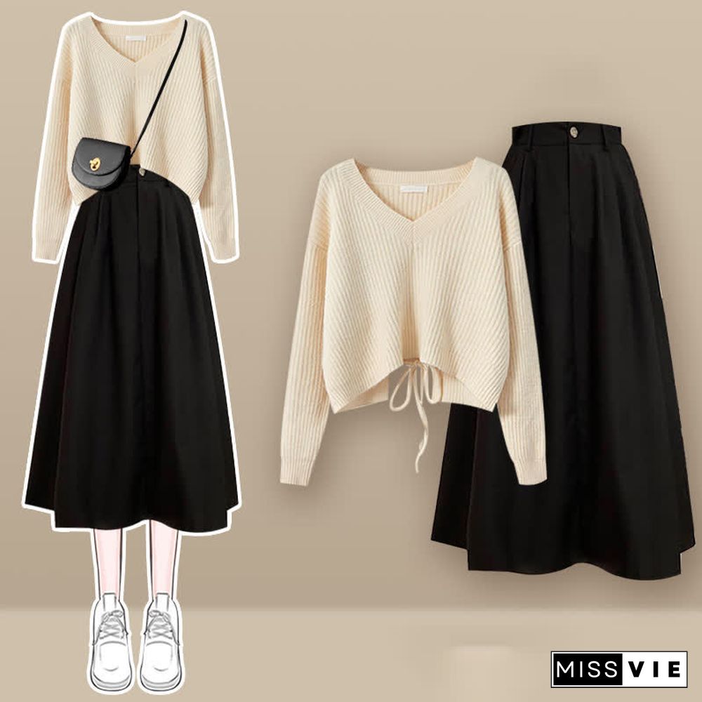V-neck Lace Up Knit Sweater A-line Skirt Two Pieces