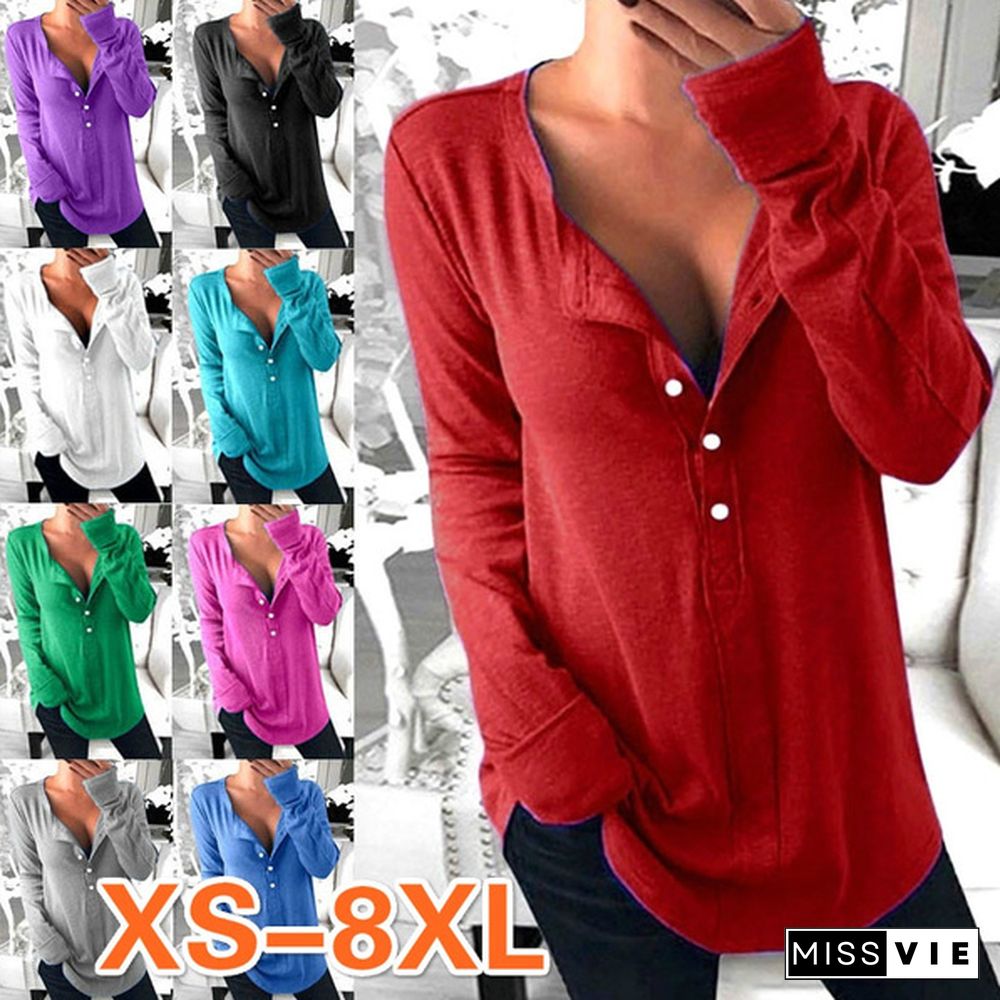 XS-8XL Plus Size Fashion Clothes Women's Casual Autumn and Winter Tops Long Sleeve Tee Shirts Cotton Pullover Sweatshirts Deep V-neck Shirts Ladies Blouses Solid Color Button Up Loose T-shirts