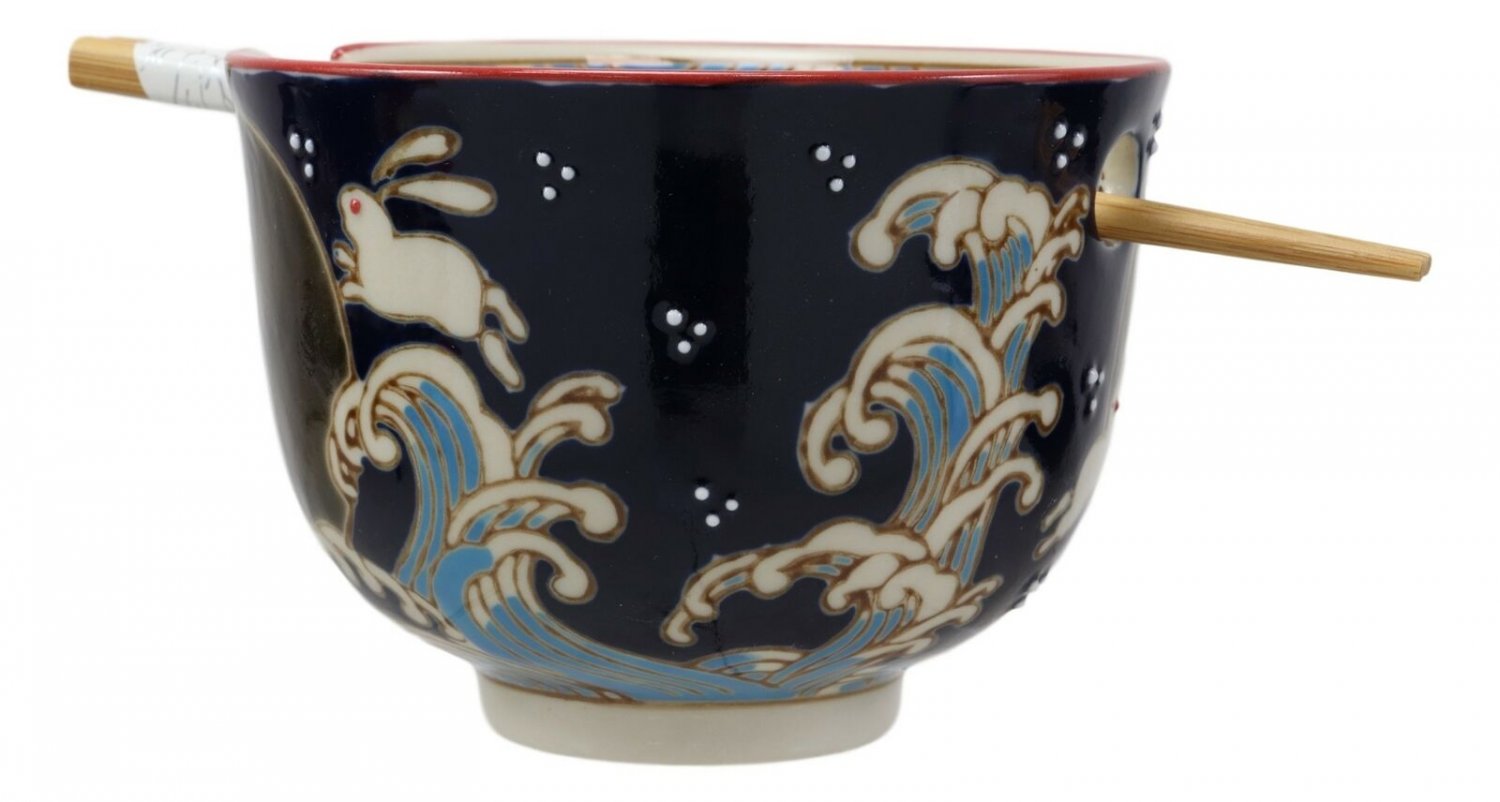 1 Rabbits Jumping Over The Full Moon Porcelain Ramen Soup Bowl With Chopsticks Set EBR02