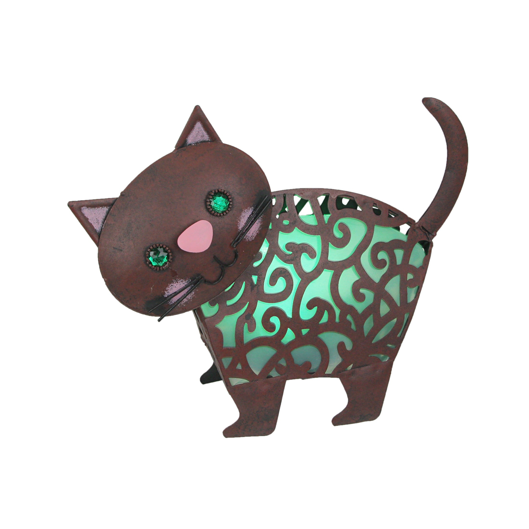 Things2Die4 Adorable Brown Metal Kitty Cat Green LED Solar Garden Statue Accent Light Patio Decor Sculpture - Green - Size 10.5 Inch