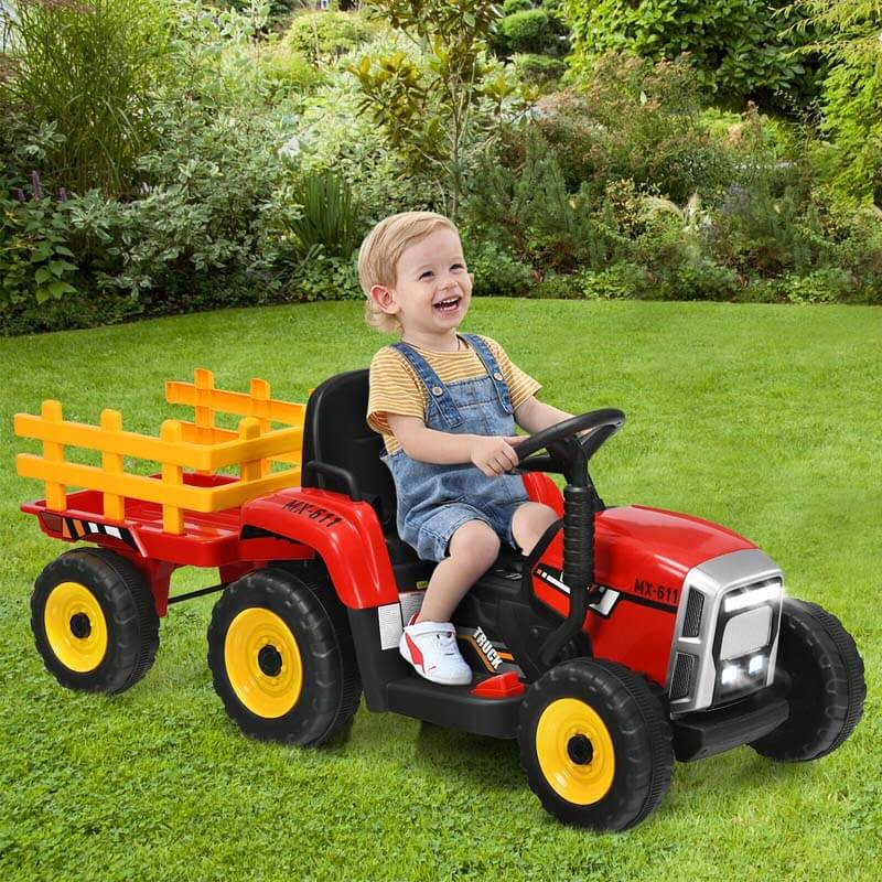 Kids Ride on Tractor w/Trailer 12V Battery Powered Electric Riding Toy Car Vehicle with 3-Gear-Shift Ground Loader