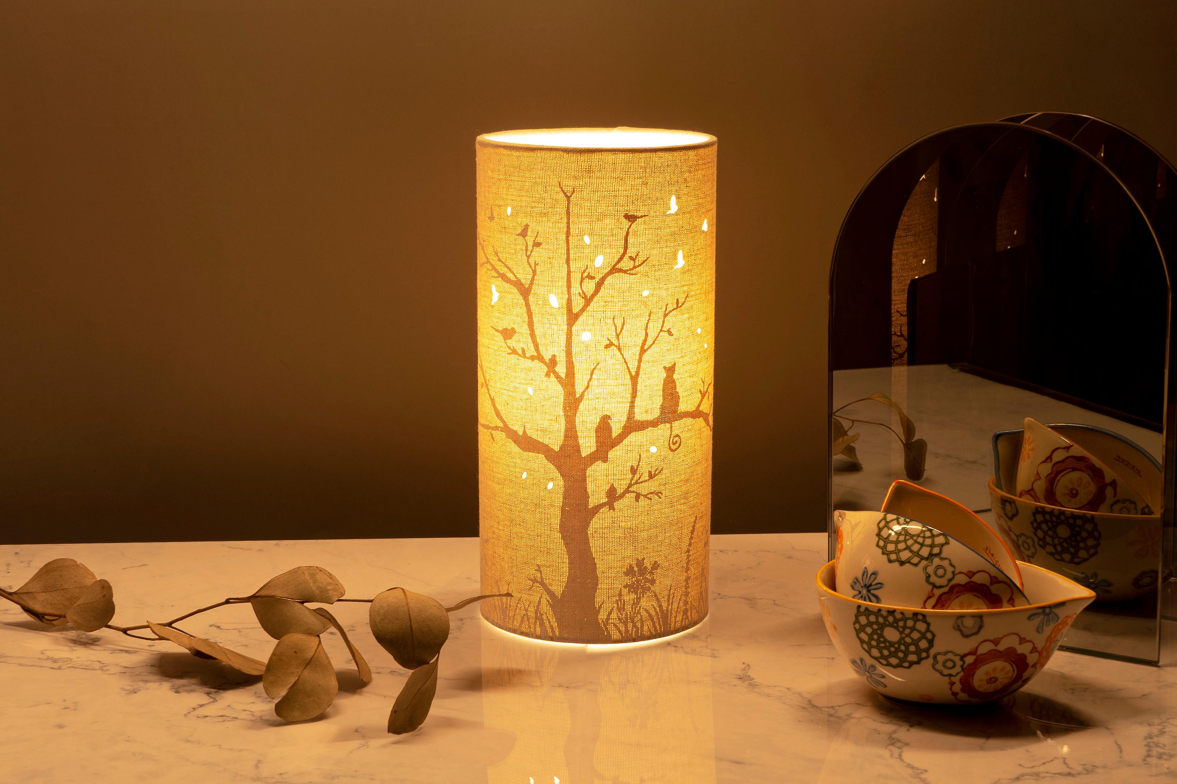 Light-Glow Fabric Table Lamp Cats and Birds